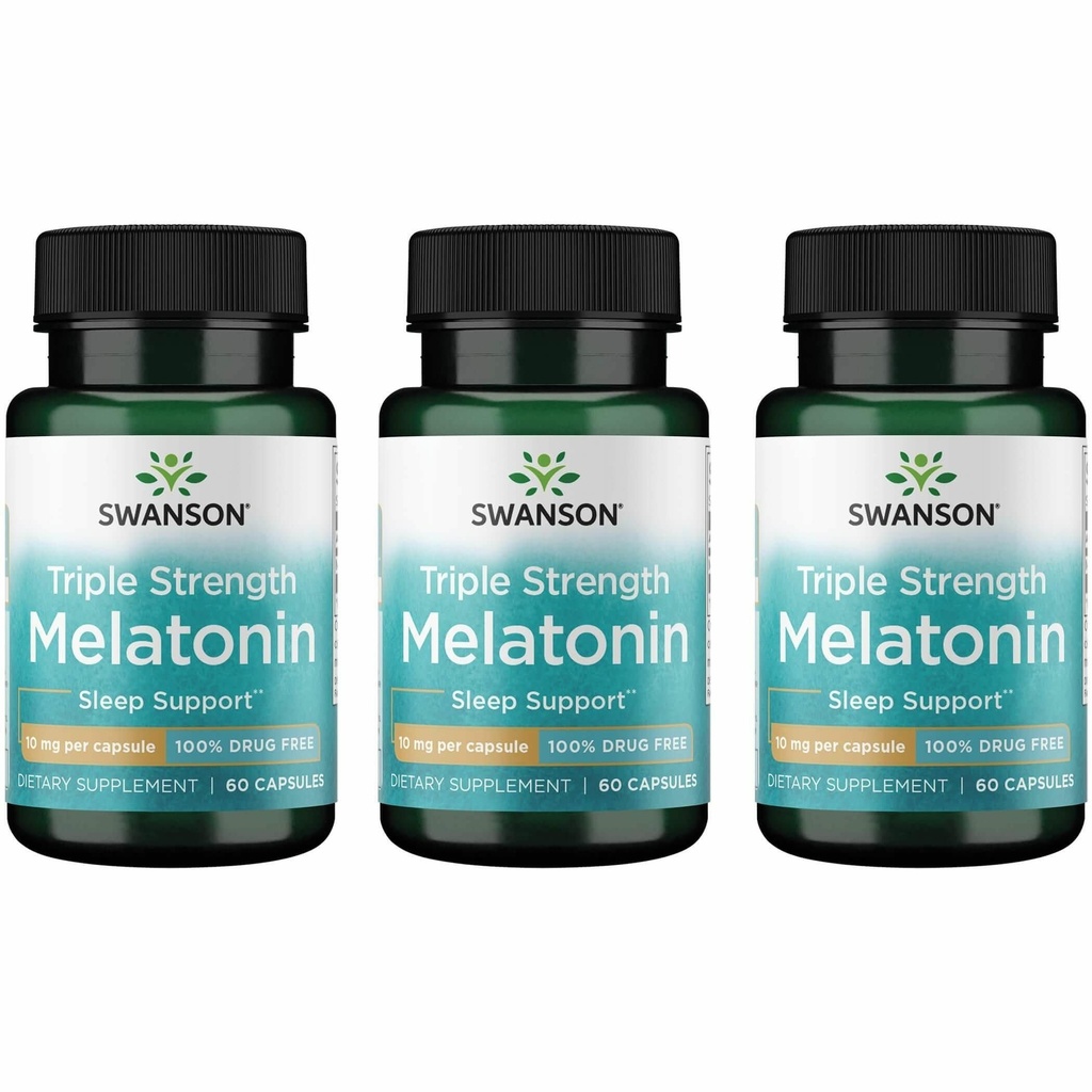 Swanson Triple Strength Melatonin - Natural Sleep Support for Disrupted Sleep Cycles - (60 Capsules, 10mg Each) (3 Pack)