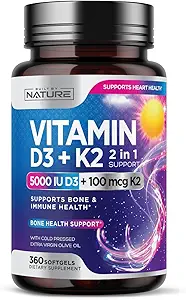 Erbaut von Nature Vitamin D3 K2 mit kaltgepresstem extra nativem Olivenöl – 5000 IU Vitamin D, 100mcg Vitamin K MK-7 Supplement – einfach zu schlucken Mini Soft Gels - 1 Jahr Versorgung - 360 Softgels