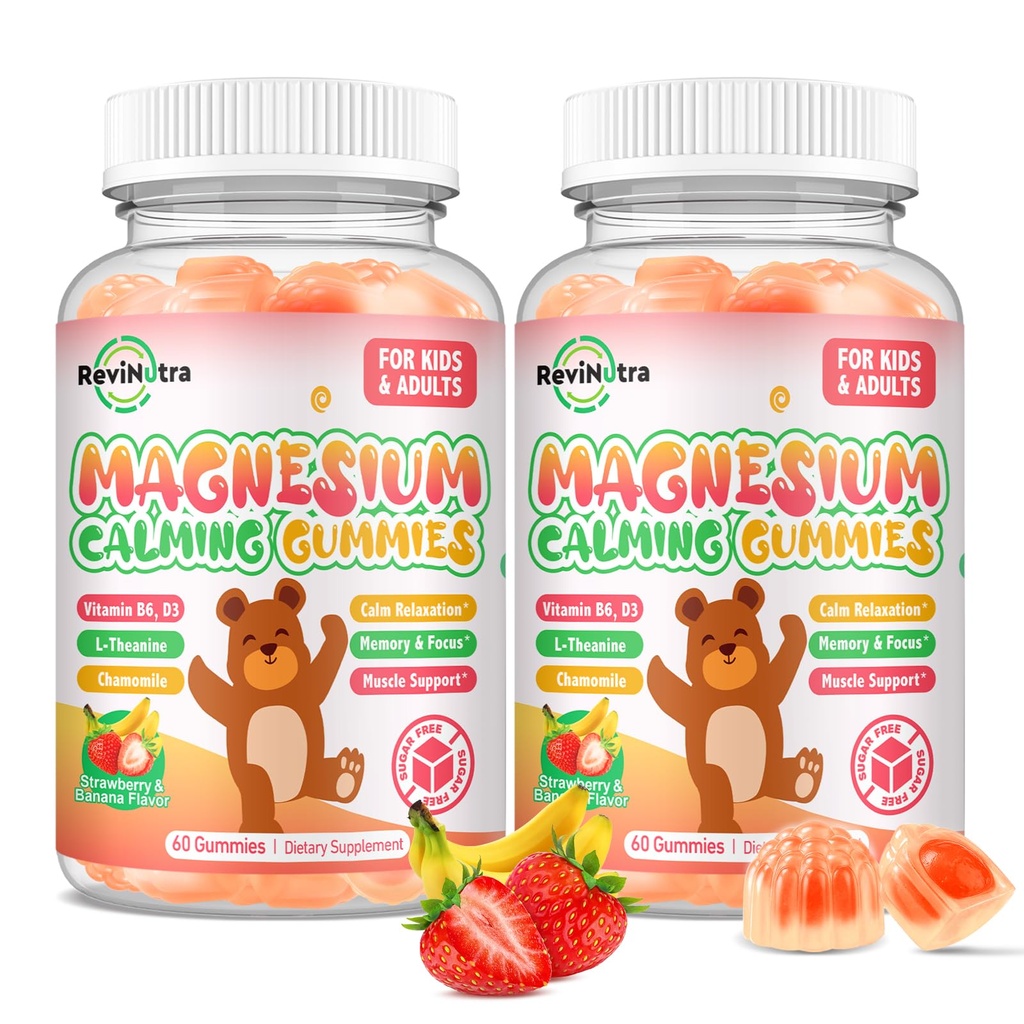 Magnesium Gummies for Kids - Magnesium Glycinate Gummies with L-Theanine, Vitamin B6, D3 for Kids & Adults Sleep, Calm, Relaxation, Brain, Bones, Muscle Relief, Sugar Free Banana & Strawberry 120ct