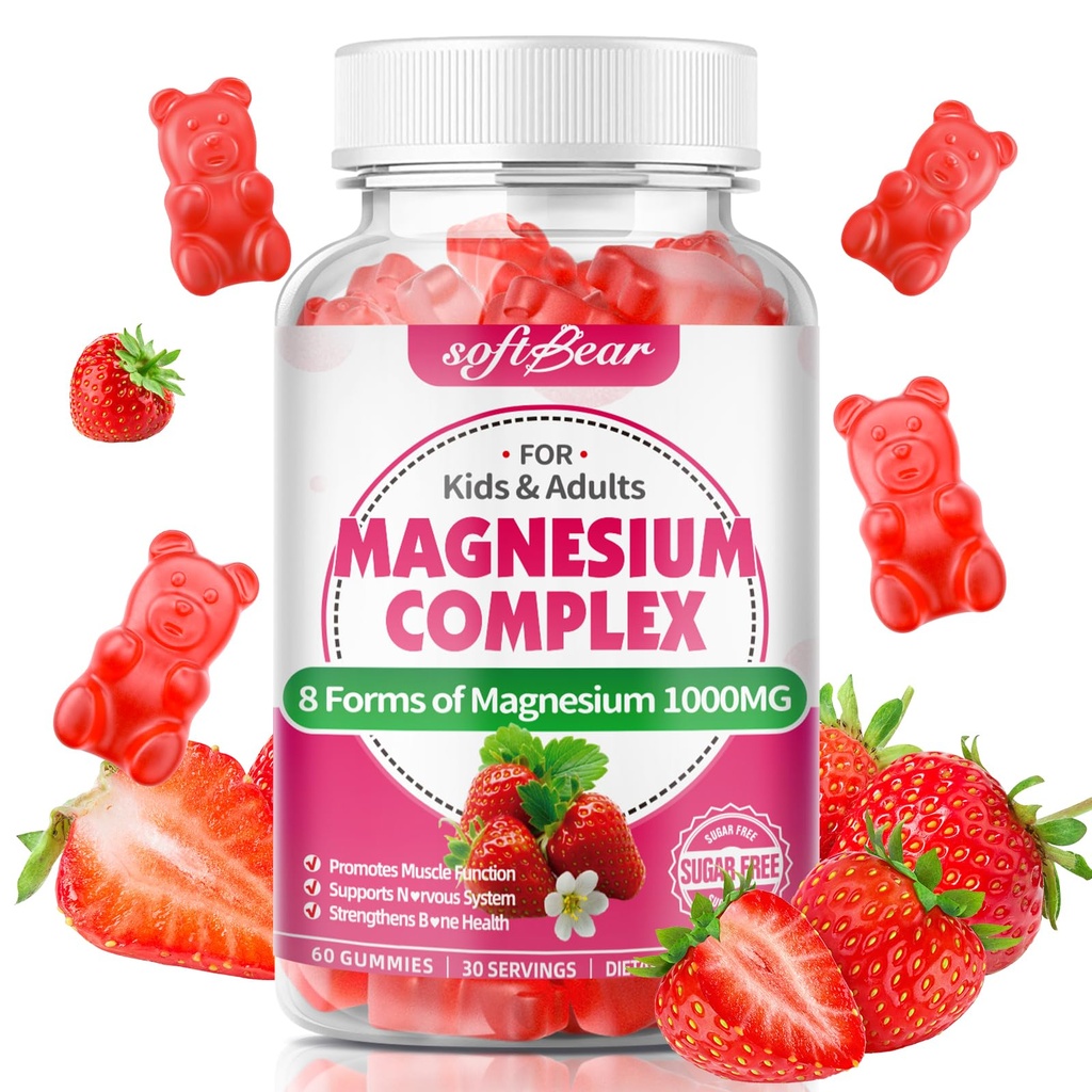 softbear Magnesium Complex Gummies for Women & Men & Kids, 8 in 1 Magnesium Complex Supplement 1000mg-Magnesium Glycinate,Citrate,Malate Supports Calm, Zzz, Muscle Cramp, Strawberry Flavor 60 Count