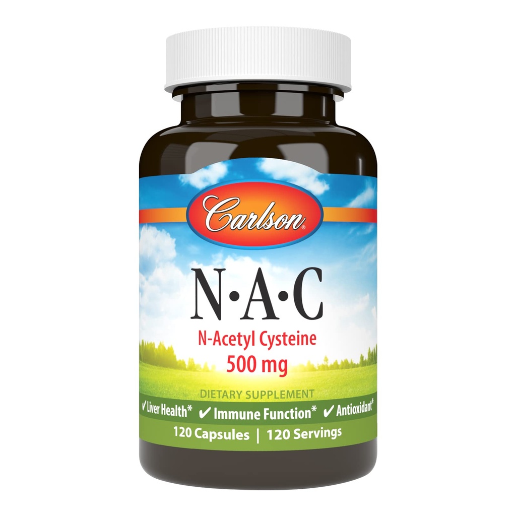 Carlson - NAC, N-acétyl Cysteine, 500mg, Santé du foie, Fonction immunitaire, Antioxydant, 120 Capsules végétariennes