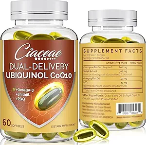 Ubiquinol CoQ10 600 MG Softgels con Omega-3 & Shilajit & PQQ, Advanced Dual-Delivery Coenzyme-Q10, Active CoQ10 Ubiquinol Supplemento per fertilità, antiossidante, cuore, cervello & energia, 120 Servings