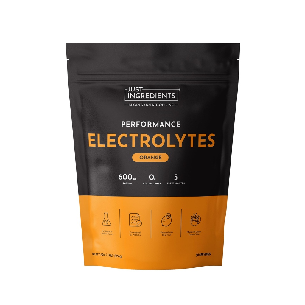 JUST INGREDIENTS Performance Electrolytes Powder Orange, 600mg Sodium with Organic Coconut Water, 30 Servings, Naturally Sweetened with Monk Fruit and Stevia, Flavored with Real Fruit, Non-GMO