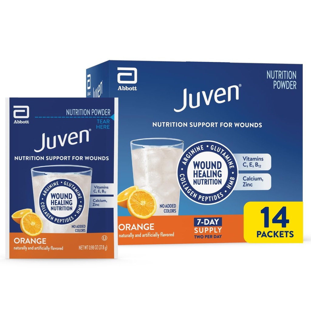 Juven Therapeutic Nutrition Drink Powder Including Collagen Peptides, Amino Acids, and HMB for Wound Healing Support, Orange, 14 Packets
