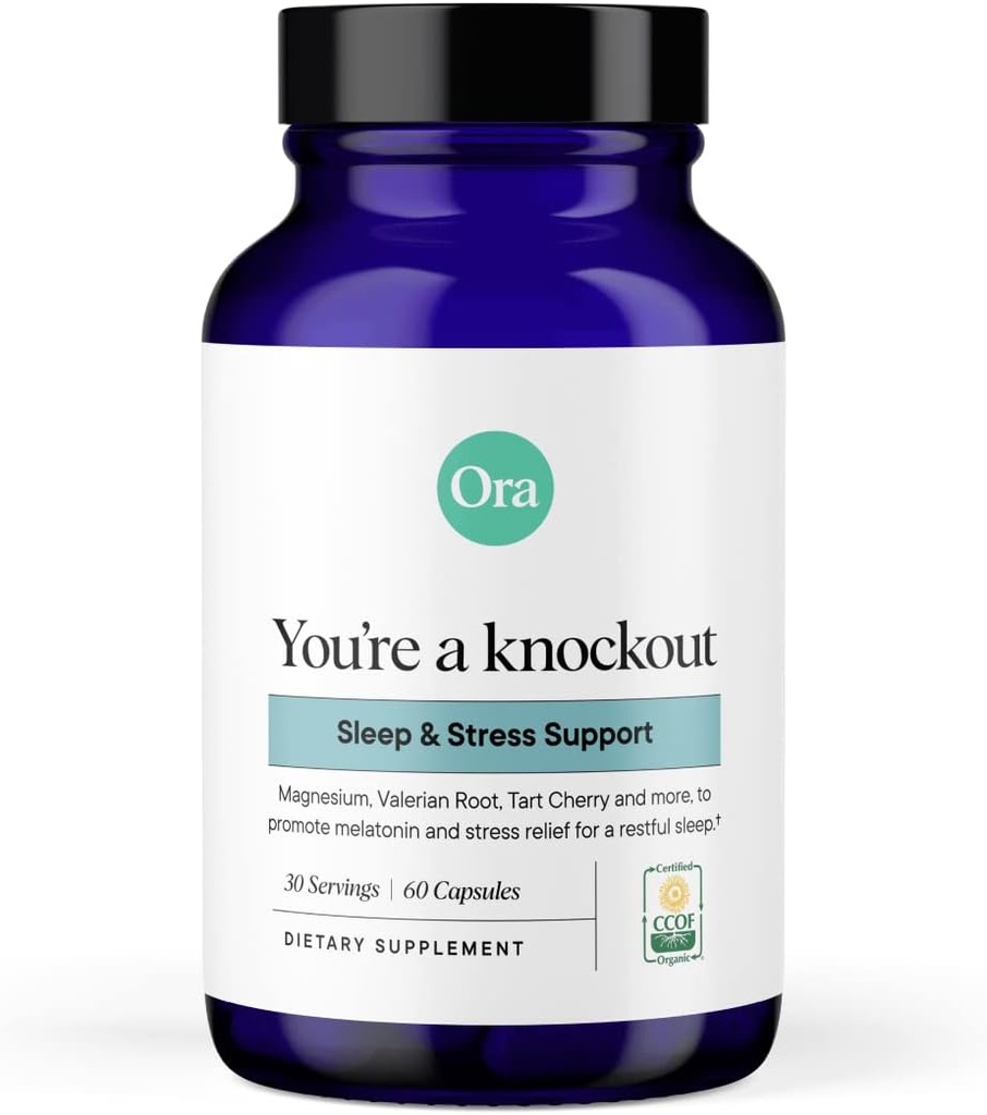 Ora Organic Natural Sleep Aid Supplemento Stress supporto calmante Herbal Blend con melatonina da Tart Cherry - Include Magnesium Citrate, Valerian Root, e Lemon Balm - 1 mese di fornitura, 60 capsule