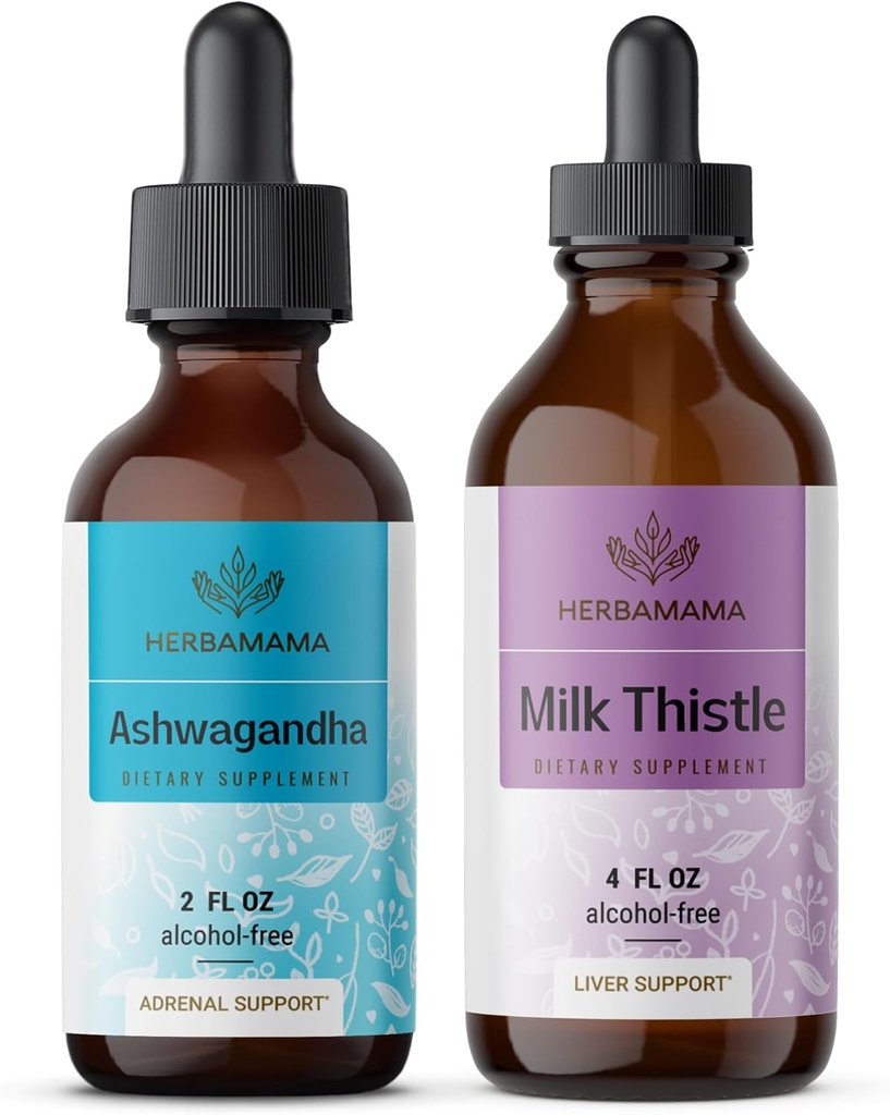 HERBAMAMA Kit de gouttes liquides à base de plantes - lot de Teinture de racines d'Ashwagandha 2 fl oz et extrait de chardon de lait 4 fl oz - végétalien, non-OGM, sans sucre et sans alcool - 2 packs