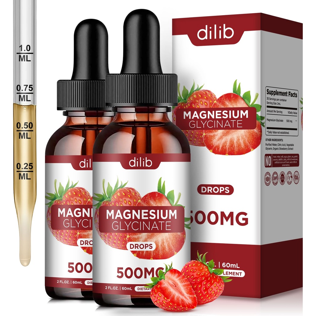 (2 Pack) Magnesium Glycinate Supplement, Liquid Magnesium Glycinate Liquid Drops 500mg-Support Stress Relief, Relaxation, Mood, Sleep, Bone & Muscle-4 Fl Oz, Vegan, Strawberry Flavor