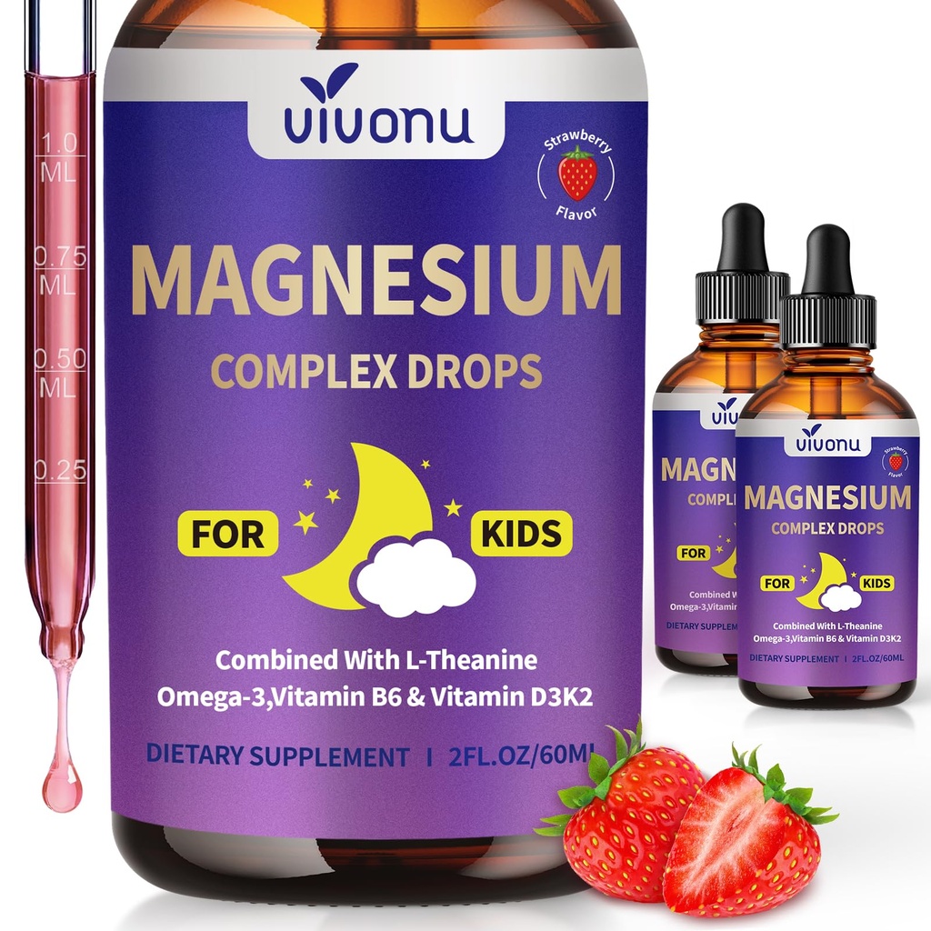 Magnesium Drops for Kids,Magnesium Glycinate Liquid for Children's Supplement with Vitamin D3 K2 B12&B6,Omega 3,L-theanine,Lemon Balm for Sleep,Relaxation,Calm,Focus(4 Fl Oz (Pack of 2))