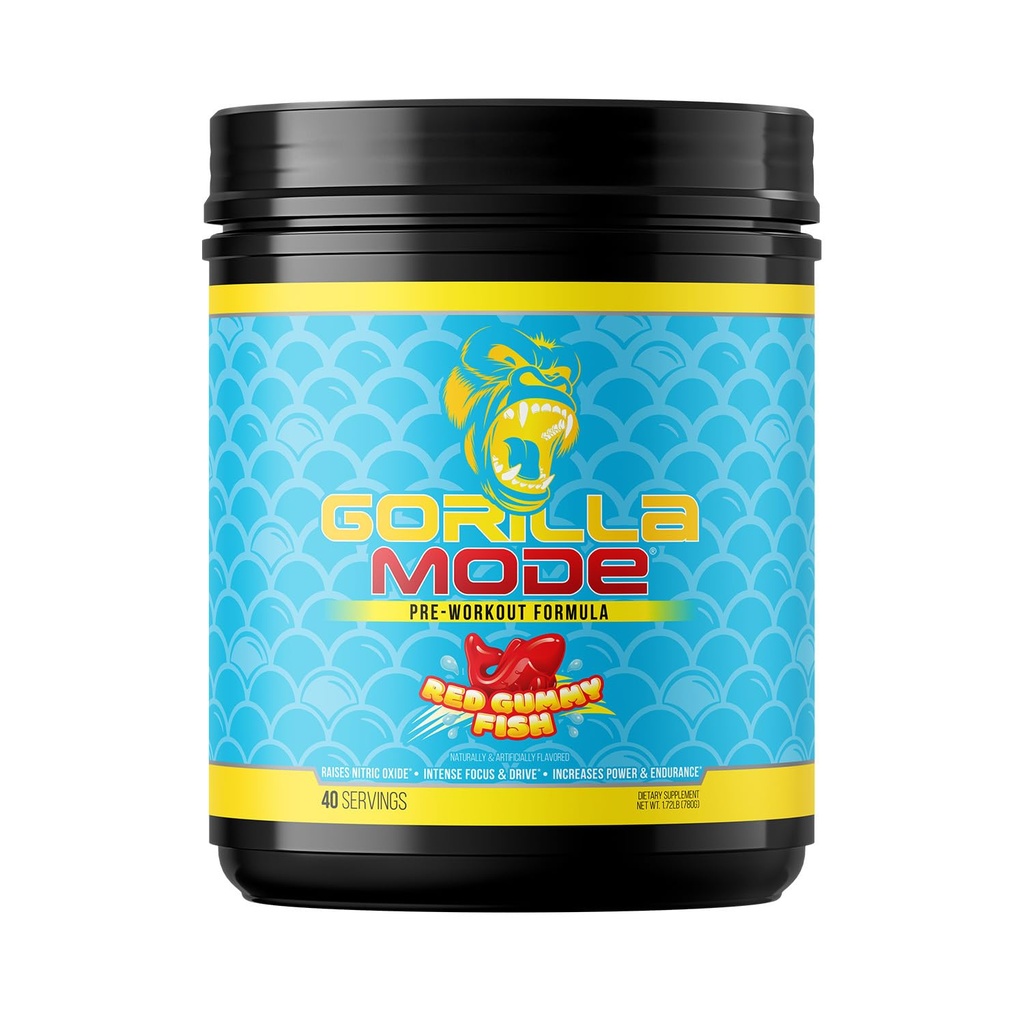 Gorilla Mode Pre Workout - Massive Pumps Laser Focus Energy Power - L-Citrulline, Creatine, L-Tyrosine, Betaine, Hydroprime, Alpha-GPC, 400mg Caffeine, Huperzine A 800g (Red Gummy Fish)