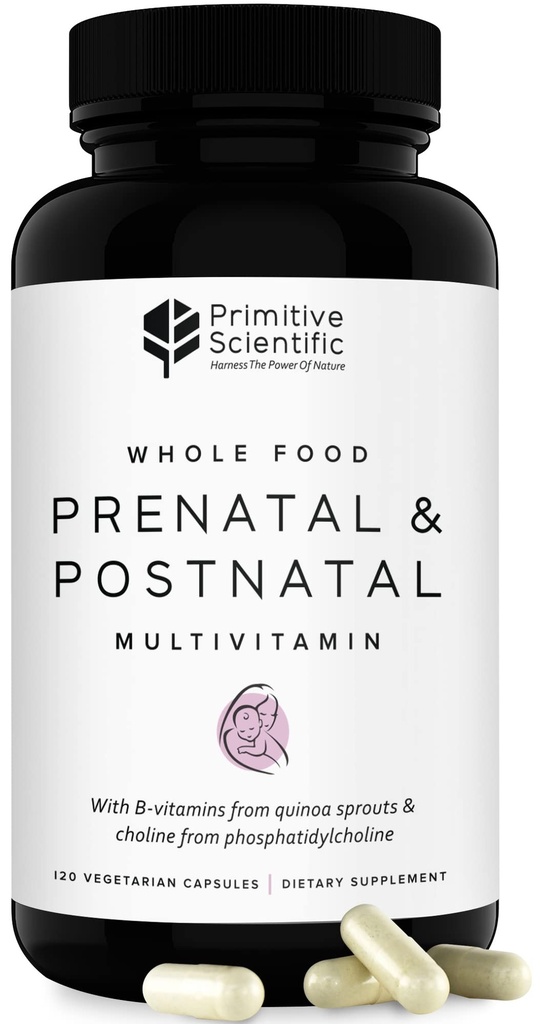 Primitive Scientific Prenatal and Postnatal Multivitamin for Women, with Vitamins A, B, C, D, E, Iodine, and Ginger for Mother & Baby Support, Non-GMO, Gluten-Free (120ct)