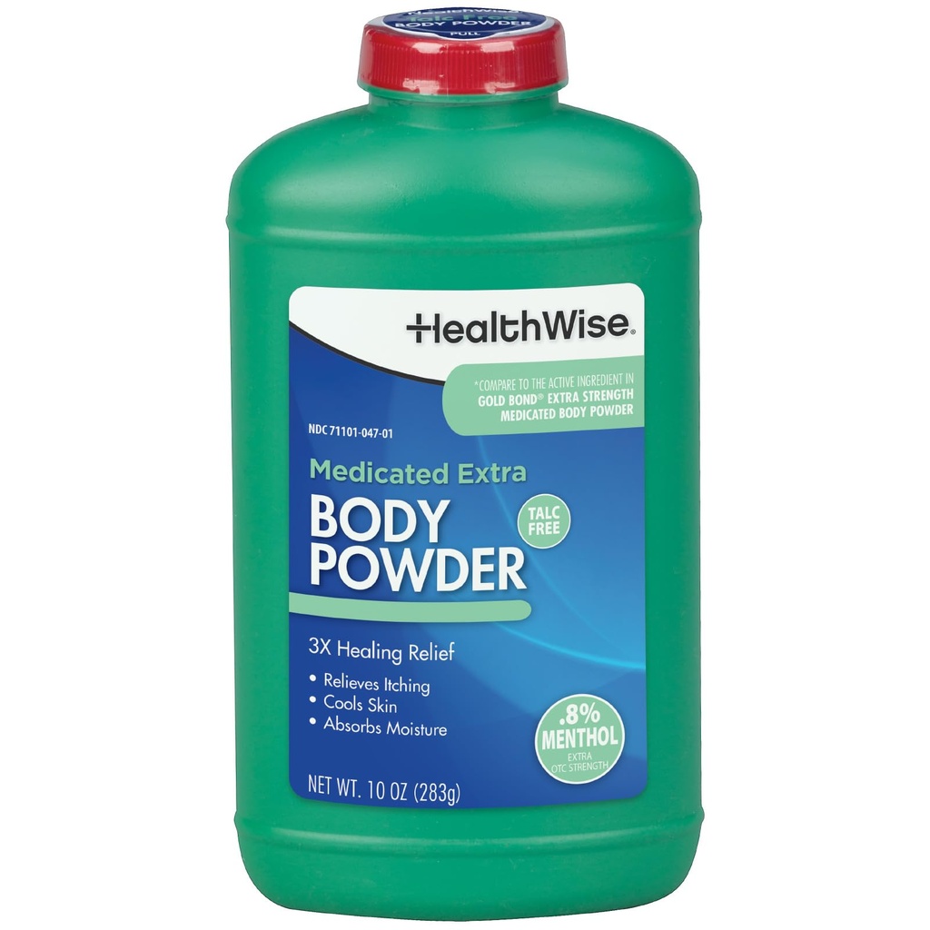 HealthWise Medicated Extra Strength Body Powder | .8% Menthol | Talc Free | Anti-Itch Healing Relief | Cools Skin | Absorbs Moisture | 10 oz (283g)