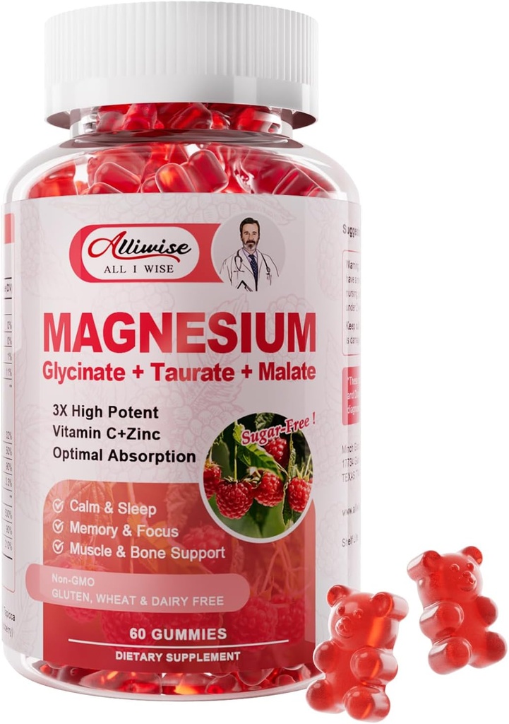 Magnesio Glycinate Gummies,Magnesium Potassium Supplemento con Taurate, Malate, Vitamine D, C, B6, Calcium,Body Support,Raspberry Magnesium Gummies for Adults&Kids