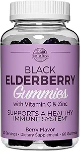 Fermes de campagne Gommies de baies aînées avec vitamine C et zinc, soutient le système immunitaire sain, riche en antioxydants, triple mélange d'immuno-action, fleur de berry, 60 gommies, 30 portions