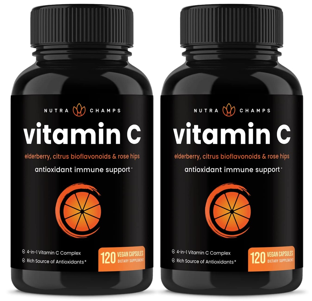 NutraChamps (2 Pack) Vitamin C 1000mg mit Elderberry, Citrus Bioflavonoids & Rose HIPS - 120 Kapseln Vegan, Non-GMO Antioxidans Ergänzung für Immungesundheit & Collagen Produktion 500mg Pulver Pillen