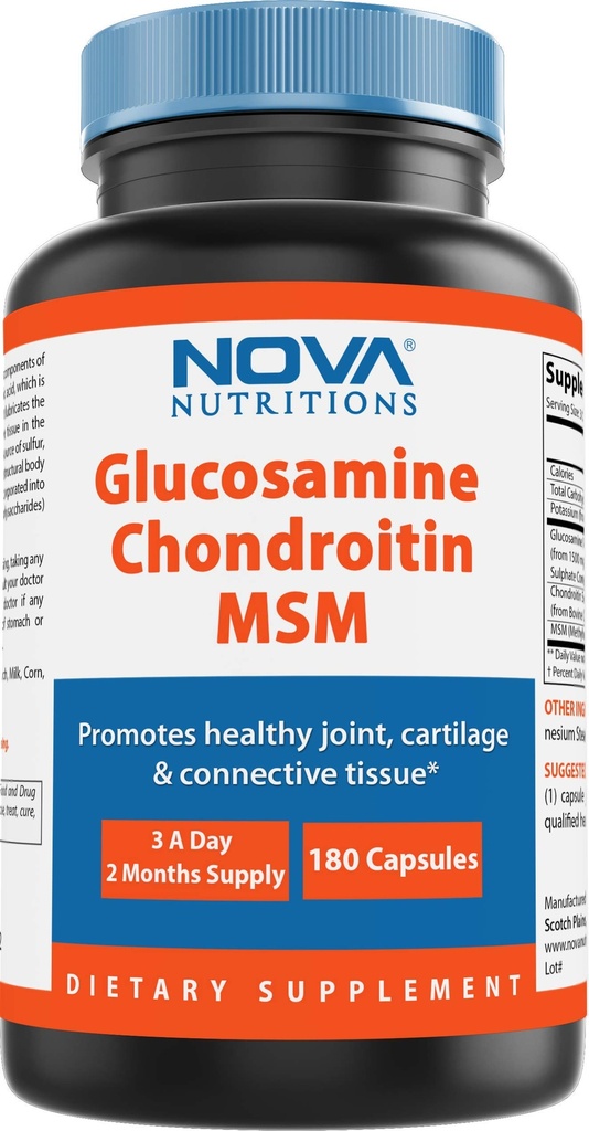 Nova Nutritions Triple Strength Glucosamine Chondroïtine MSM 2600mg/Serveur Capsules, soutient la santé des articulations, du cartilage et des tissus conjonctifs - favorise le confort et la flexibilité des articulations 180 Compte