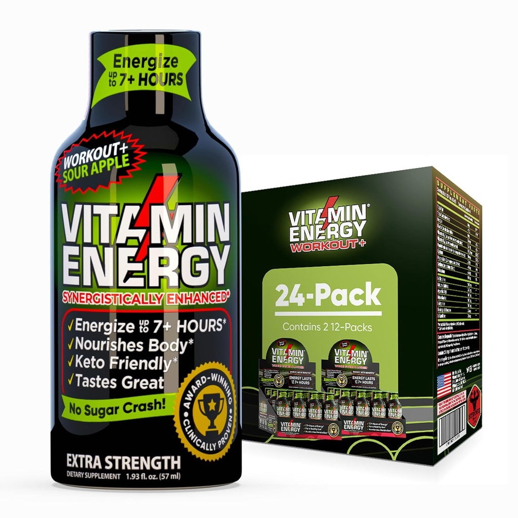 Vitamin Energy Workout+ Extra Strength Energy Shot Sour Apple 24 Pack, 260mg Natural Caffeine, Pre-Workout, B-Vitamins, Minerals, Endurance & Performance, Zero Sugar, Gluten-Free, Vegan, 1.93 fl oz