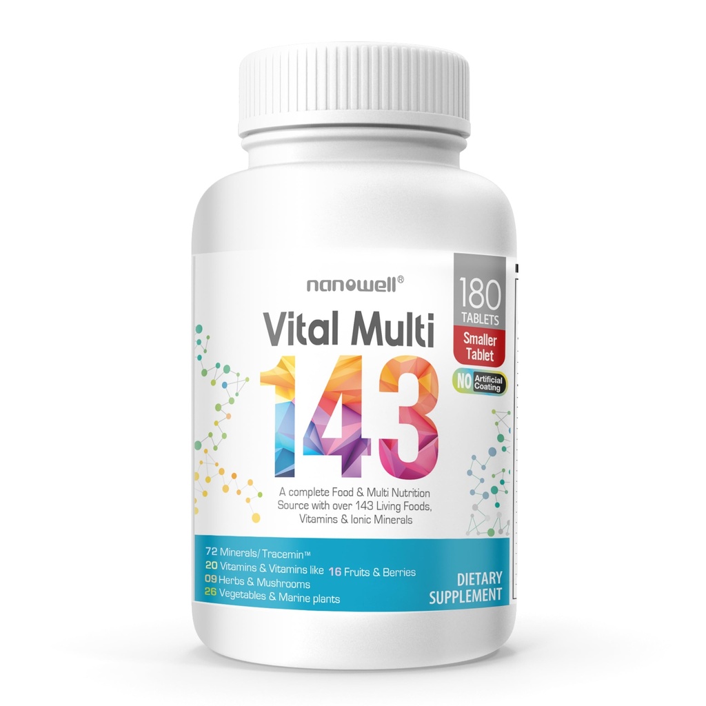 NANOWELL Vital Multi 143 - Multivitamin & Multimineral Supplement with 20 Vitamins and 72 Minerals,143 Ingredients Total - 180 Tablets, 30 Day Supply