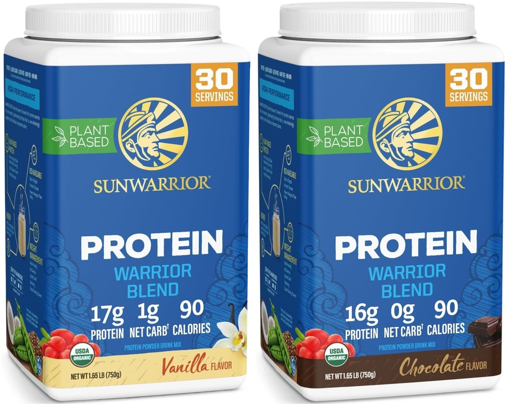 Sunwarrior Chocolate & Vanilla Organic Plant Based Protein Powder Set | Bundle & Save | Vegan Organic Protein Powder | Non-GMO Soy Dairy Filler & Gluten Free (30 Servings Each)