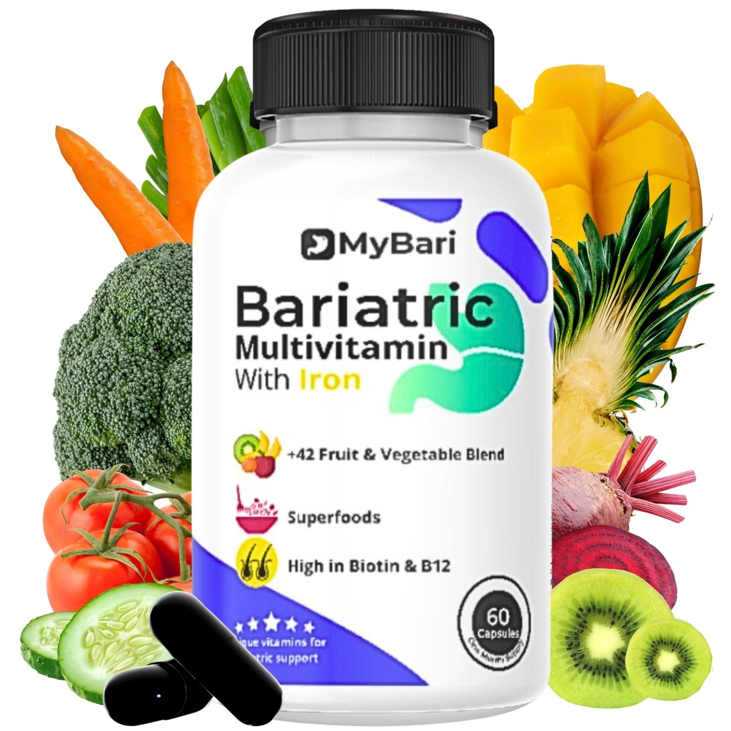 All-in-One Bariatric Multivitamin con Ferro - Made in USA - per Uomo & Donne - Supporta Maniche Gastric & Bypass con 42+ Frutta & Veggie Blend - 60 Capsule Liquidi