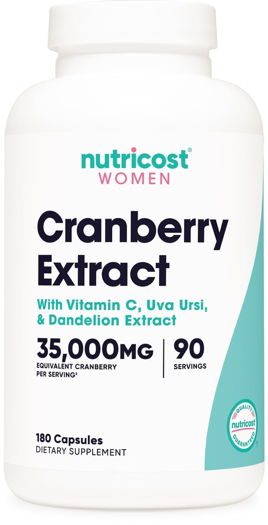 Extrait de canneberge Nutricost pour les femmes (équivalent de 35 000 mg),180 capsules - avec vitamine C, Uva Ursi et extrait de racine de dandelion - Supplément sans OGM et sans gluten