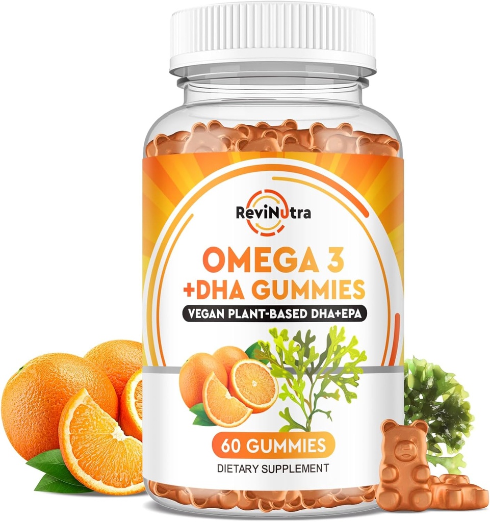 Omega 3 Gummies, Omega 3 Integratori di olio di pesce alternativa con EPA & DHA, CoQ10, Folate, Vitamina A, D3, E, Supporti cervello, giunto, cuore, occhio e sistema immunitario Funzione-Orange Flavor, 60 Gummies