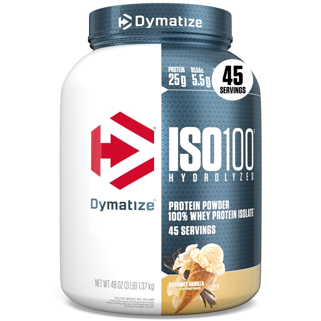 Dymatiser la poudre de protéines de lactosérum ISO100 isolat, vanille, 25g de protéines, 3 livres, 5,5g BCAA, moins de 120cal., sans gluten, 1g de gras, 1g de sucre, 2g de glucides (45 portions)