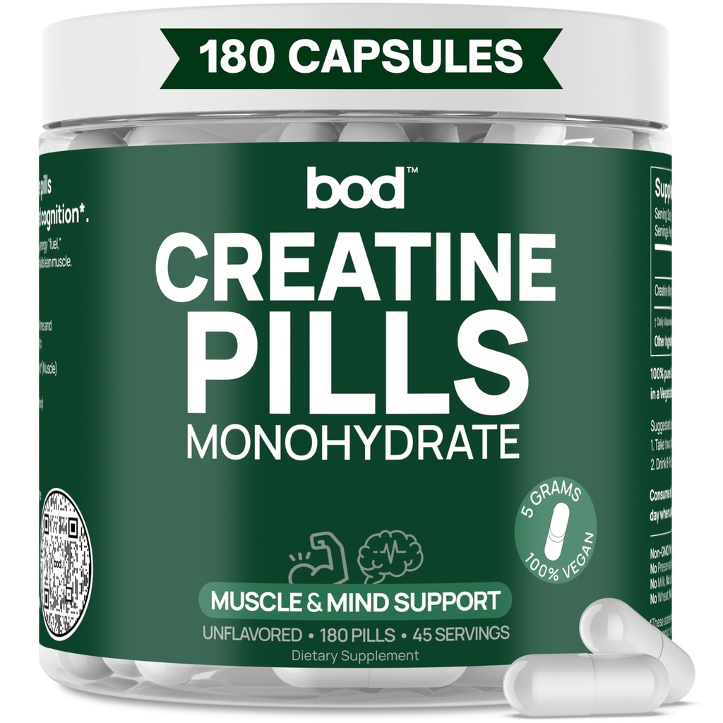 Bod Creatine Monohydrate Capsules – 45 Servings (4 Capsules = 5 g) – Ultra-Pure 200 Mesh Creatine Monohydrate – Strength, Power, Muscle Growth & Recovery