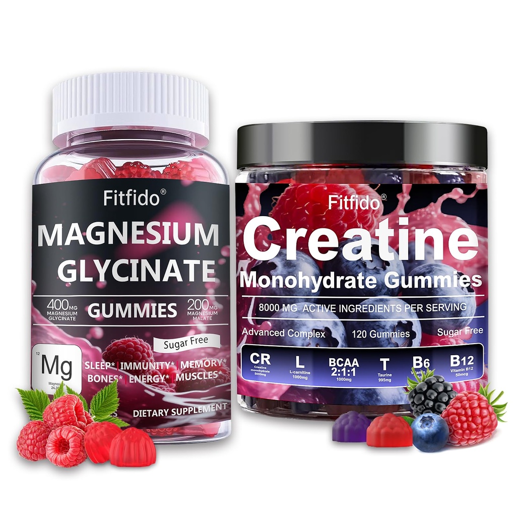 Creatine Monohydrate Gummies 5000mg + Magnesium Glycinate 400mg – Support for Muscles, Strength & Wellbeing – Vegan, Sugar Free, 2-Pack Supplement Bundle