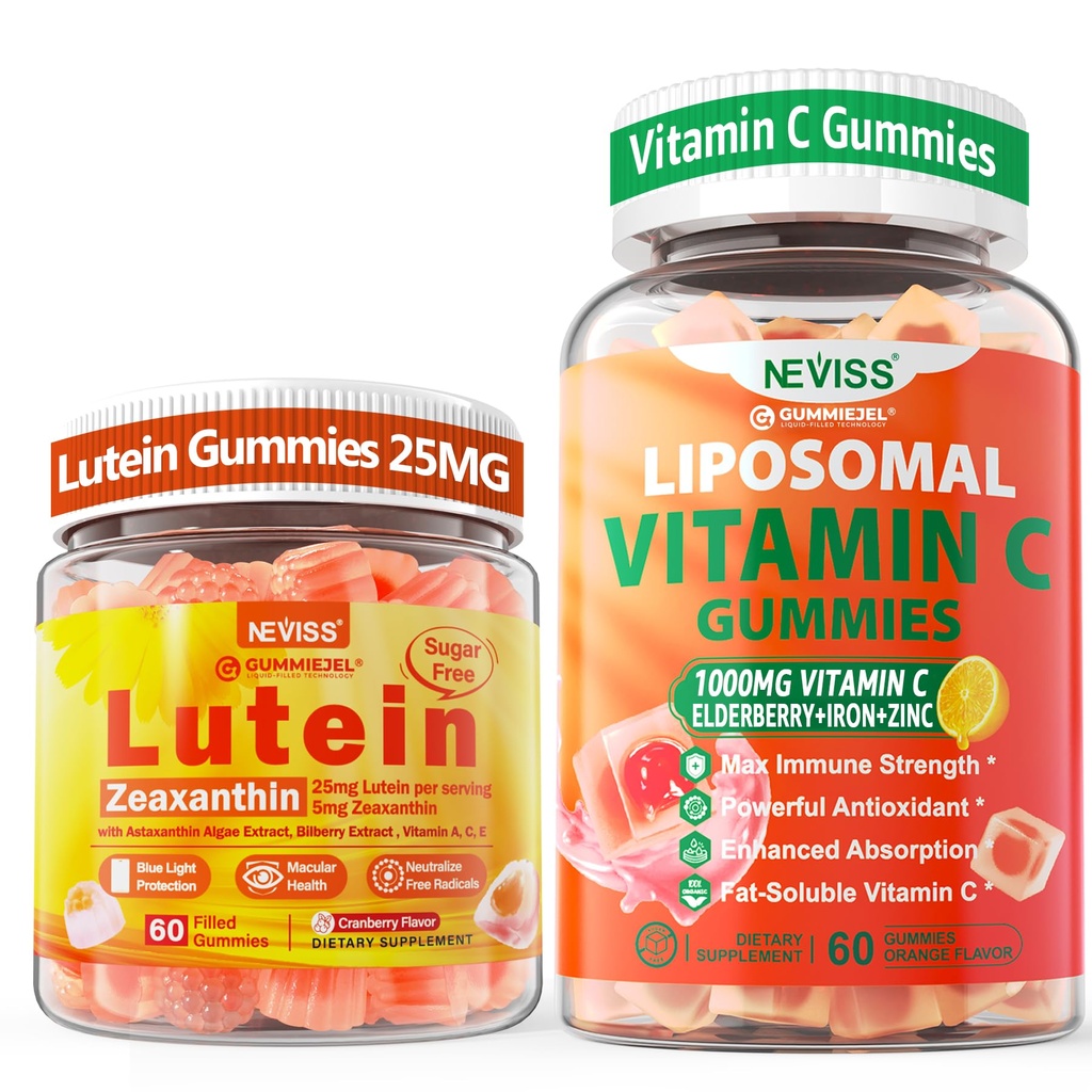 NEVISS 1Pack Liposomal Vitamin C 1000mg Gummi + 1Pack Lutein Zeaxanthin Ergänzungen Gummi