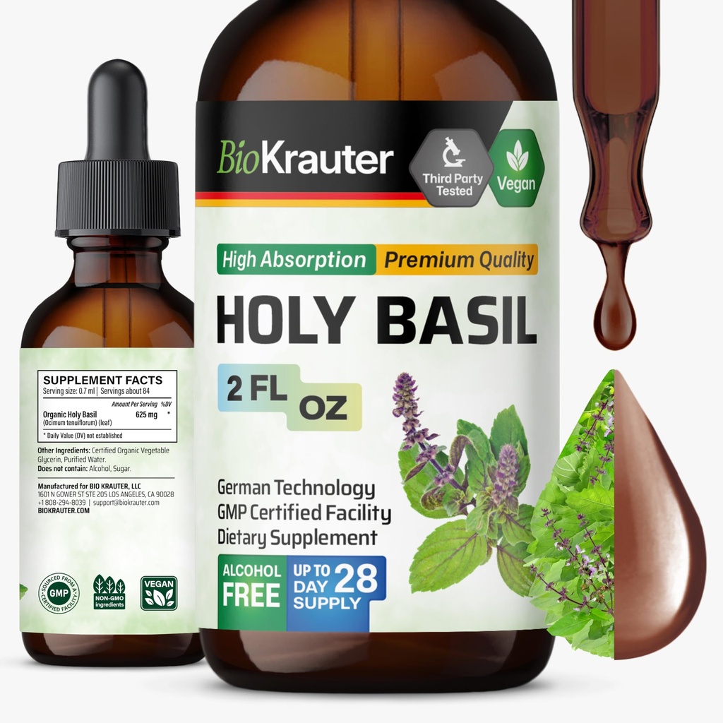 BIO KRAUTER Santo Basilio Tintura - Tulsi Polvere Liquido Estratto - Supporta calma e relax - Acido ursolico Supplemento - Alcol e Zucchero Libero - Vegan Gocce 2 Fl.Oz.