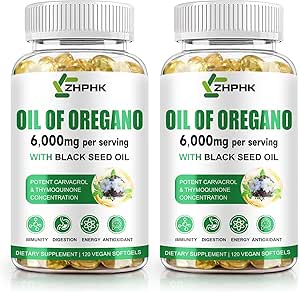 Huile d'Origan à l'huile de graines noires, 6000mg Huile d'Origan Capsules Bio Natural Carvacrol & Thymoquinone, Imune Soutien digestif, Non-OGM, Sans gluten, 120 Compte
