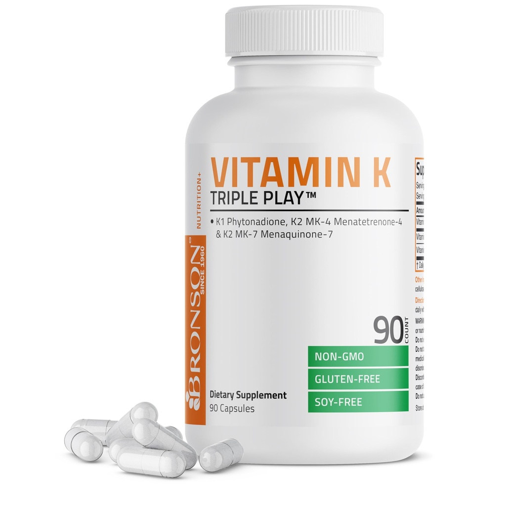 Bronson Vitamin K Triple Play (Vitamin K2 MK7 / Vitamin K2 MK4 / Vitamin K1) Full Spectrum Complex Vitamin K Supplement, 90 Kapseln