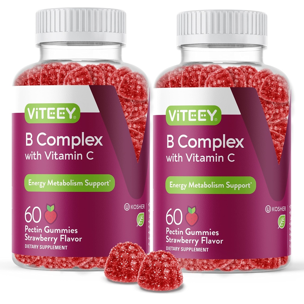 Viteey Vitamin B Complex Gummis mit Vitamin C - Energie, Stoffwechsel und Immununterstützung - B6, B12, Niacin, Folsäure, Biotin, Calcium - Vegan, Glutenfrei - 120 Count