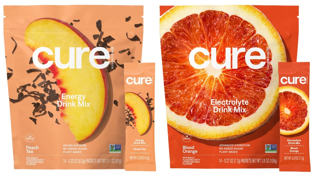 Cure Hydration | Plant-Based Electrolyte Drink Mix | Energy & Dehydration Bundle | No Sugar | Coconut Water |100mg Caffeine | Non-GMO | Vegan | 14-Pack Each: Peach Tea & Blood Orange