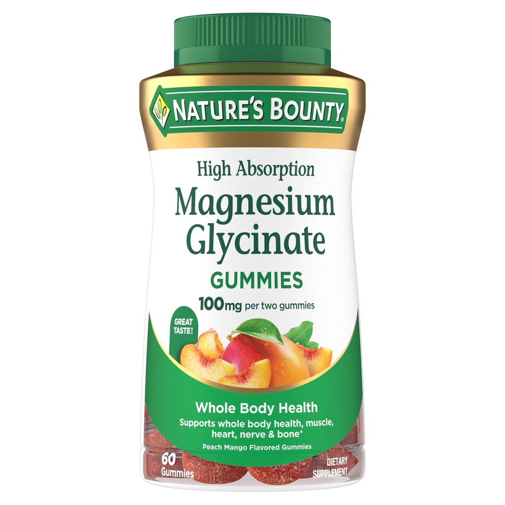 Nature’s Bounty High Absorption Magnesium Glycinate Gummies, 100 mg Magnesium Per Serving, Whole Body Health, No Stick Gummy, Peach Mango Flavor – Vegetarian & Gluten Free – 60 Count/30 Servings