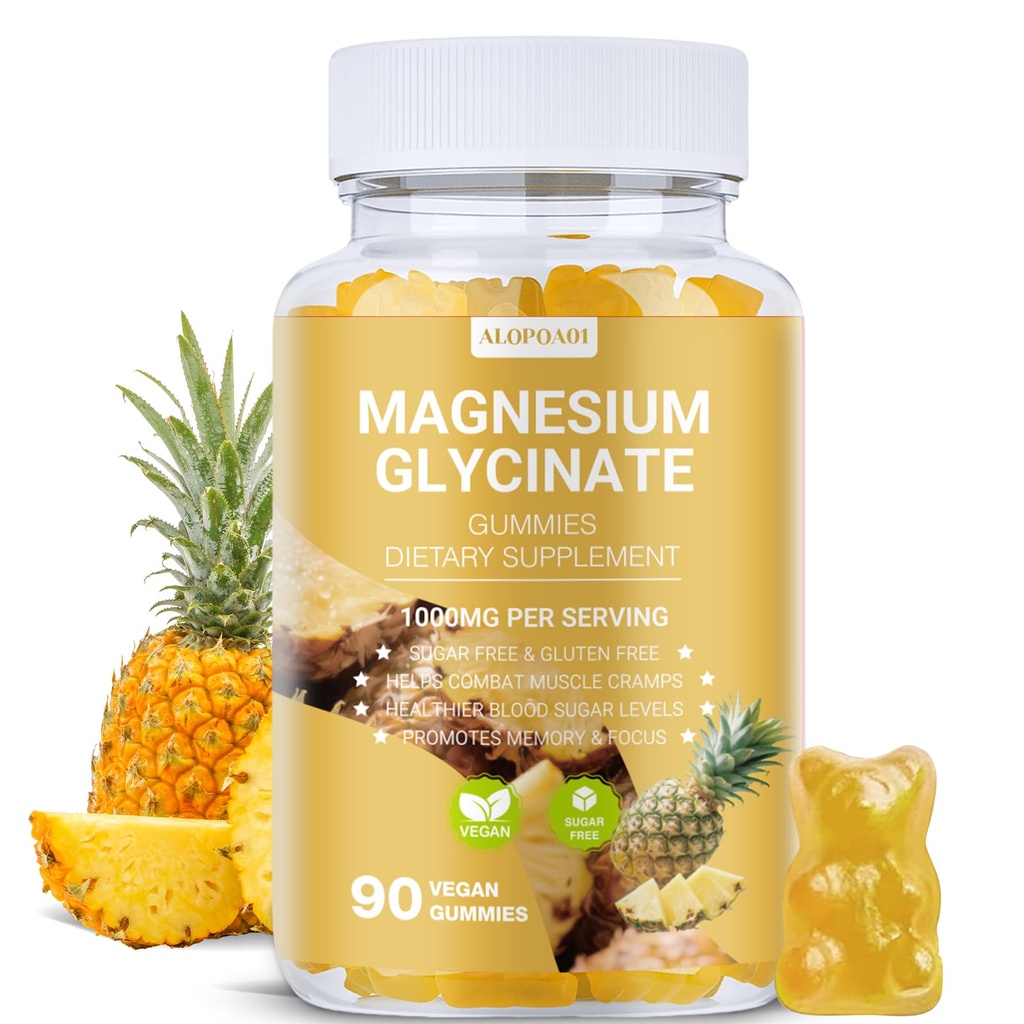 Magnesium Glycinate Gummies 1000mg, Non-GMO, Gluten-Free, Magnesium Supplement Gummies for Adults & Kids, Sleep, Relaxation & Focus, Pineapple Flavor, 90 Count