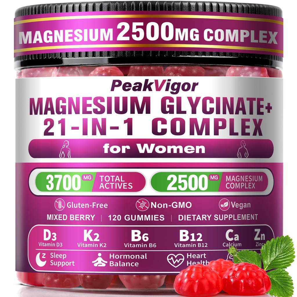 21 in 1 Magnesium Glycinate Gummy for Women with D3, K2, B6, B12, L-Theanine & Ashwagandha, 2500mg Magnesium Complex, Sleep Support, Gut-Friendly & Easy-to-Chew 120 Gummies
