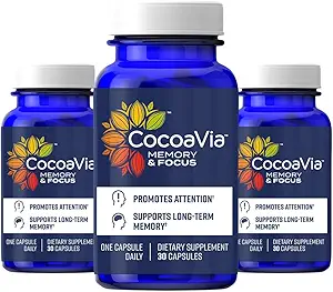 CocoaVia Memory & Focus Brain Supplement, 90 Tage, Cocoa Flavanol Blend, Lutein, Hinzugefügt Koffein für Boost. Verbessern Sie kognitive Funktion, Aufmerksamkeit, Vegan & Pflanzen basiert, 90 Kapseln