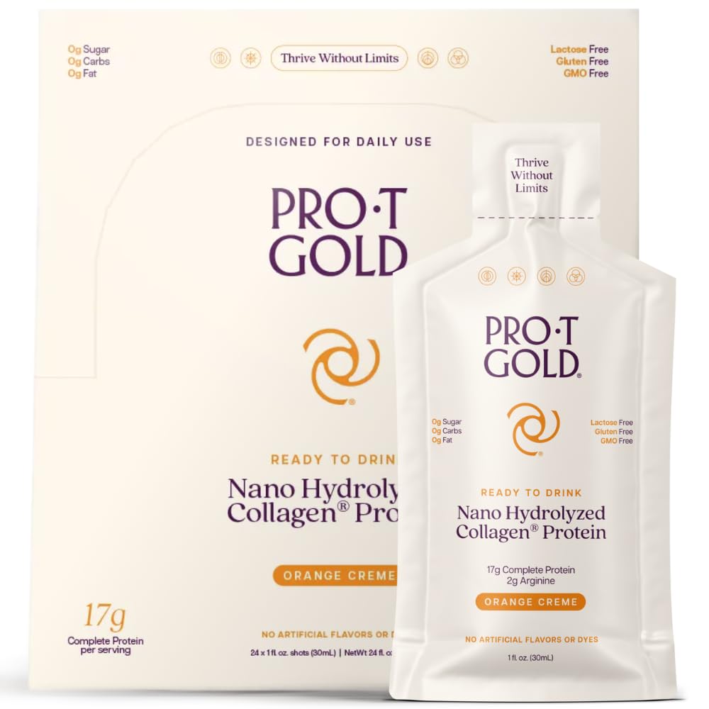 ProT Gold Liquid Collagen Protein Shot, 17g klar Protein Nano-Hydrolyzed Grass Fed Collagen, 2g Arginin für Wound Support, Glutenfrei, Zuckerfrei, 0g Carbs, Orange Creme, 1 fl oz, 24 Pack
