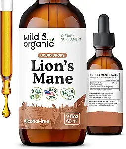 Wild & Organic Lions Mane Liquid Drops - Focus & Brain Support - Lions Mane Supplement - Hericium Erinaceus Mushroom Extract Tincture - Vegan, Alcol & Sugar-Free - 2 fl oz