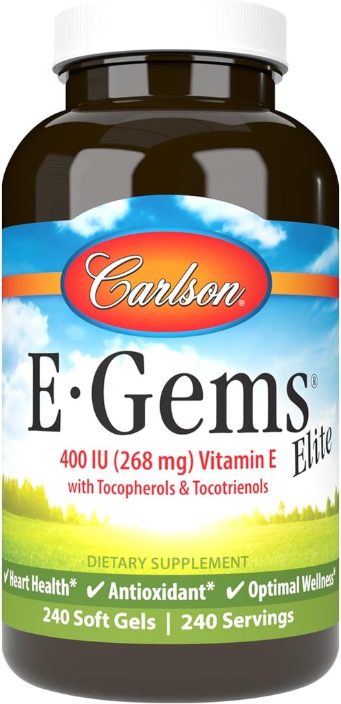 Carlson - E-Gems Elite, 400 IU Vitamin E con Tocopherols & Tocotrienols, Vitamina E Capsules, Heart Health & Optimal Wellness, Antiossidante, Vitamina E Supplement, 240 Softgels