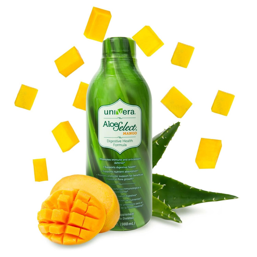 Succo Univera Aloe Vera, Preminum Organic Aloe Vera, enzimi digestivi per la salute del fegato, supporto immunitario, supplemento prebiotico, riduce l'infiammazione, Mango Flavor, 30 giorni di alimentazione (33 fl oz)