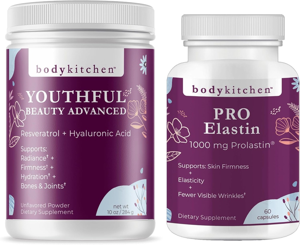 Body Kitchen Youthful Beauty Advanced Collagen Peptides Poudre et resvératrol et acide hyaluronique 10oz et pro-élastine, compte de 60