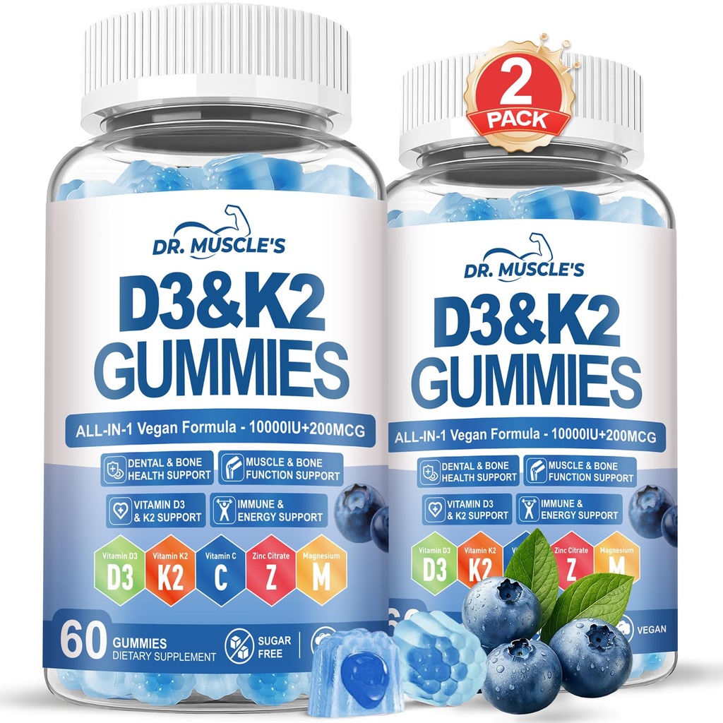 2-Pack Vitamin D3 K2 Gummies 10000IU with 200mcg MK-7, Calcium Citrate, Zinc, Vitamin C & B6, Sugar-Free Vegan D3 K2 Supplement, High Absorption for Bone, Immune & Energy, 120 Blueberry Gummies