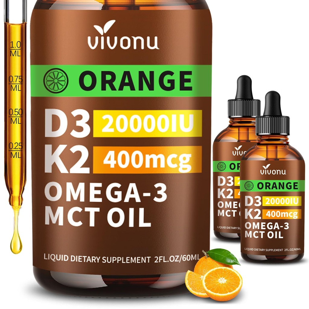 VivoNu 2 Pack-Vitamin D3 K2 Drops, D3 20000 IU & K2 as MK-7 400mcg with Magnesium, Calcium, Zinc & Omega 3 for Immune*, Mood*, Bone* Health, Orange Flavor Vitamin D Liquid Drops Supplement