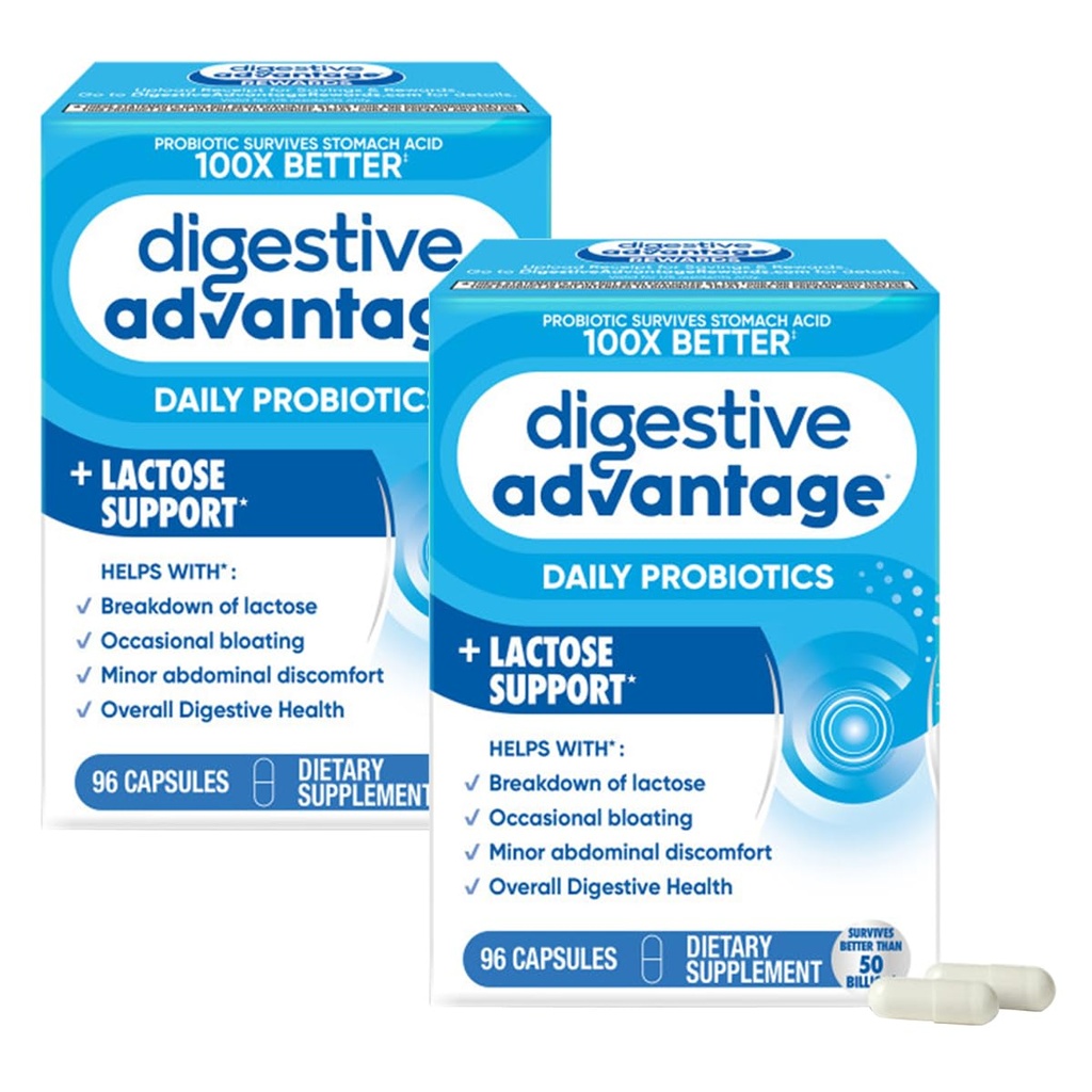 Verdauungsvorteil Lactose Defense Enzymes + Probiotika für Frauen und Männer Occasional Bloating, Lactose Breakdown, Minor Abdominal Discomfort, Immununterstützung, 96 Count Capsules (2 Pack)
