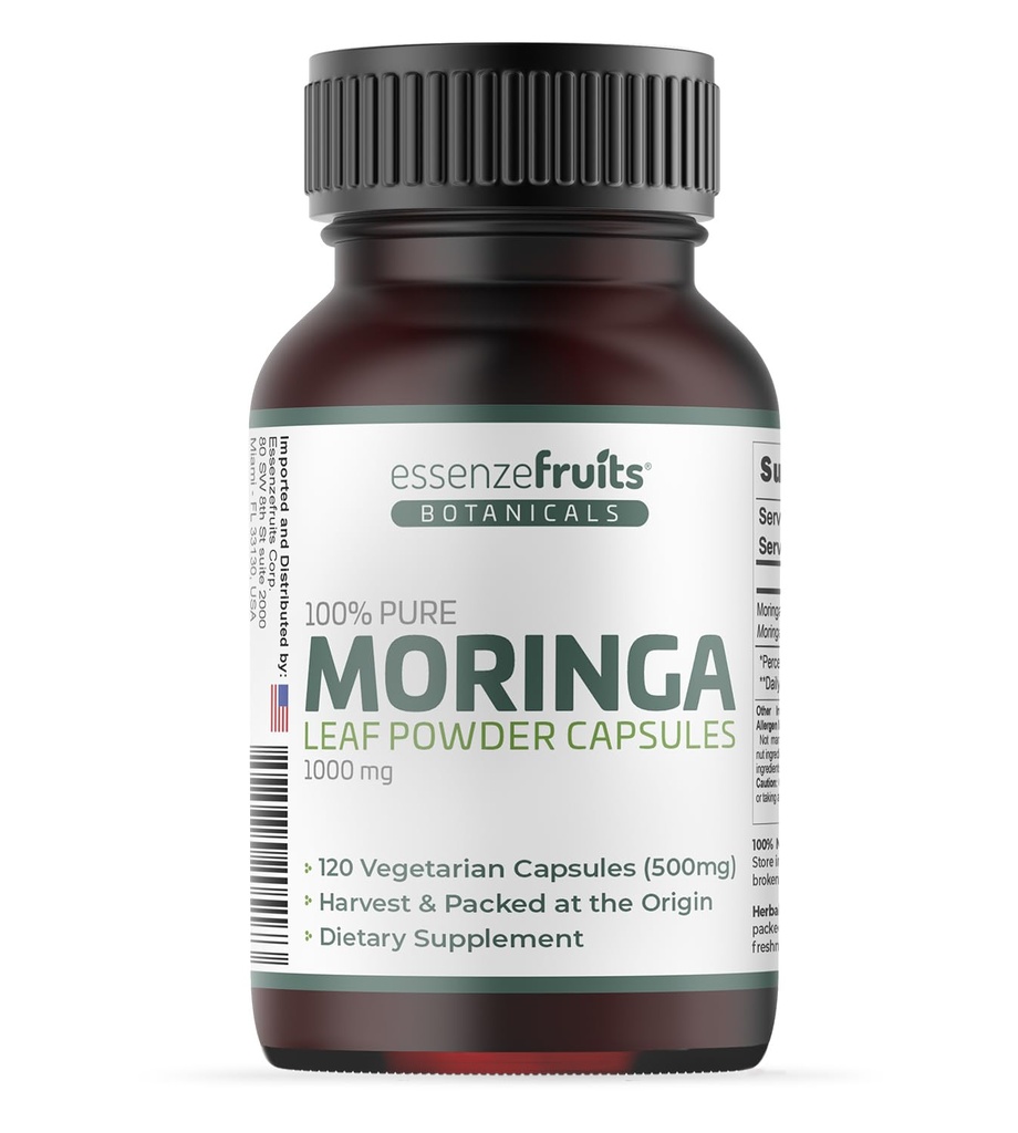 Essenzefruits Moringa Capsules120 Vegan Veggie Caps, 1000mg of 100% Pure Leaf Powder, Non-GMO, Gluten-Free, 60-Day Supply, Made in India