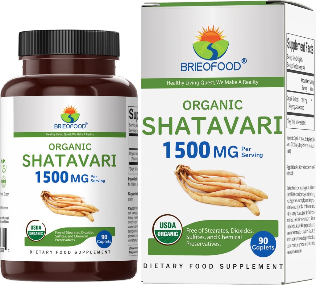 Brieofood Organic Shatavari 1500mg, 45 Servierungen, Vegetarisch, Glutenfrei, 90 vegetarische Tabletten