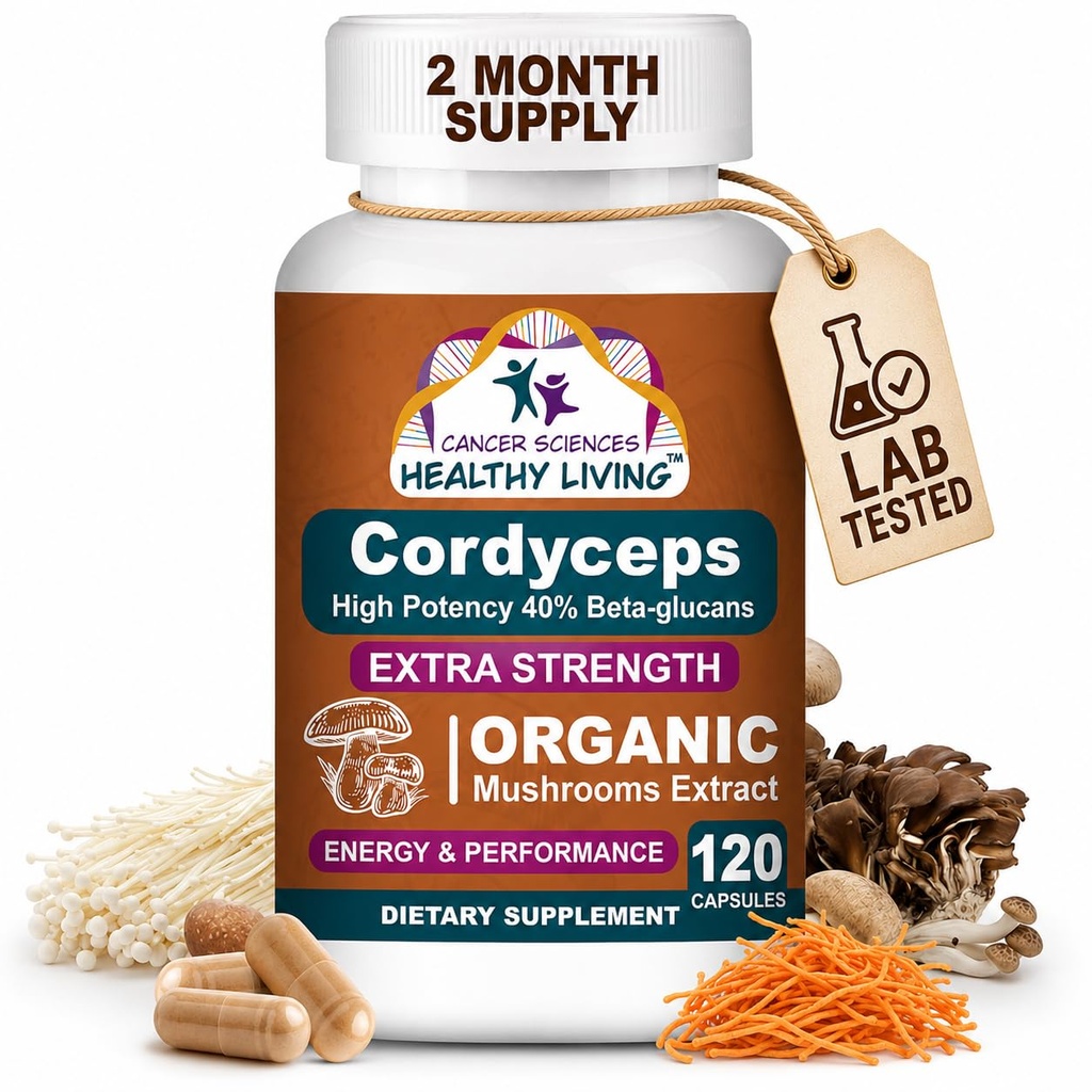 Cancer Sciences Cordyceps Capsules de supplément de champignons - 1500mg Complexe de champignons biologiques pour le mieux-être, haute puissance 40% Beta-Glucans, supplément de soutien immunitaire pour l'énergie et stamina Booster, 120 comte