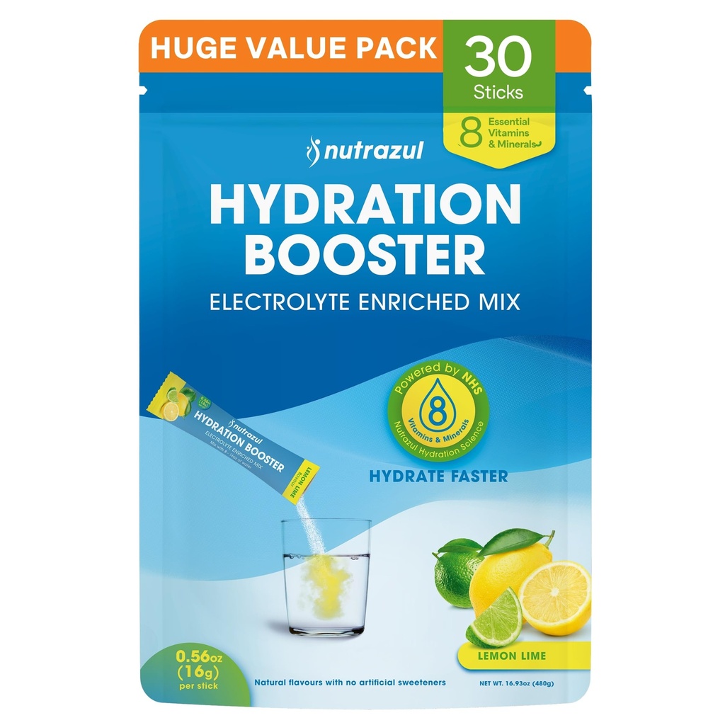 nutrazul Hydration Booster, Electrolytes Powder Sticks with Sodium, Potassium, Vitamin B6 & B12, No Artificial Sweeteners, Lemon Lime Flavor, 30 Sticks